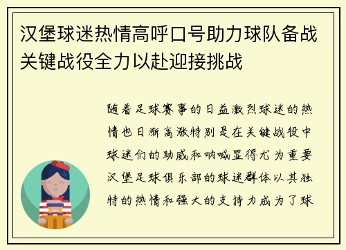 汉堡球迷热情高呼口号助力球队备战关键战役全力以赴迎接挑战