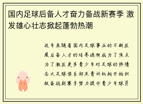 国内足球后备人才奋力备战新赛季 激发雄心壮志掀起蓬勃热潮