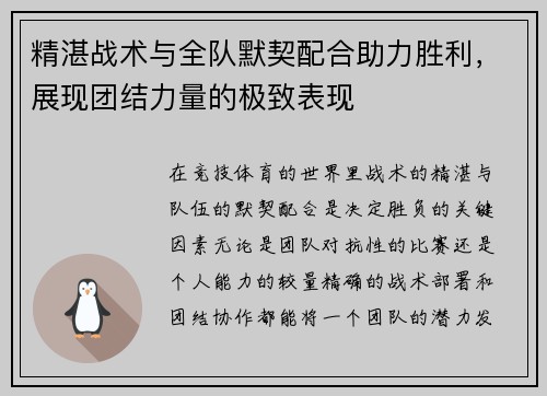 精湛战术与全队默契配合助力胜利，展现团结力量的极致表现