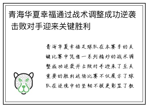 青海华夏幸福通过战术调整成功逆袭 击败对手迎来关键胜利